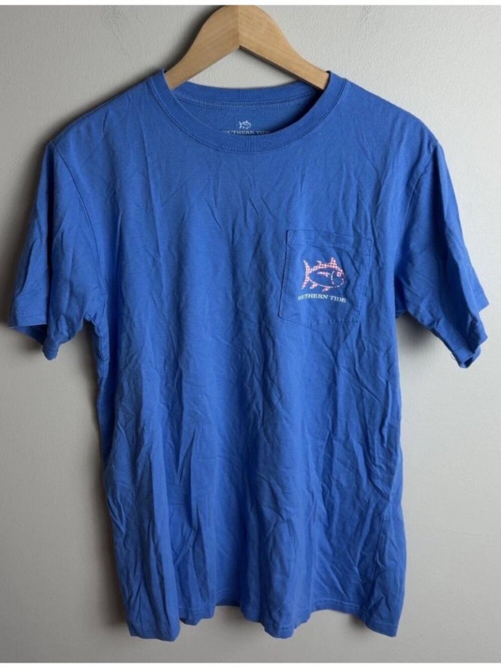 Southern Tide Blue Pocket T-Shirt Size Small Gingham Fish Logo Women’s